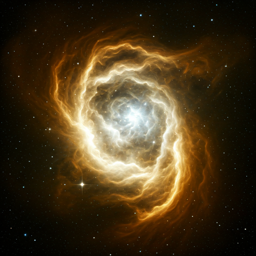 Dramatic deep space nebula with golden swirling dust clouds and bright white stars