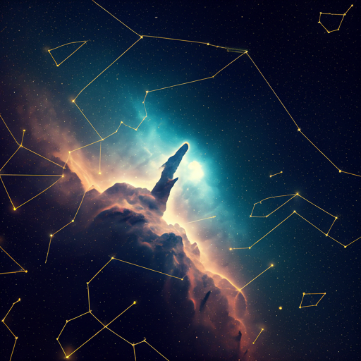 Hyper-realistic night sky with shimmering distant nebulae, constellations drawn in fine golden lines, and a soft cosmic dust texture