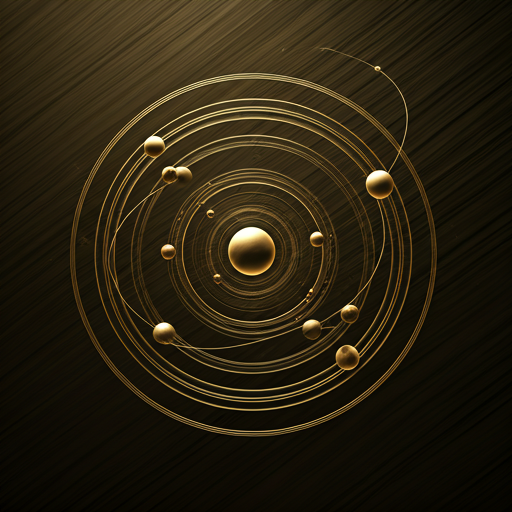 Abstract golden geometry with circular orbits and planetary alignment on a dark textured background