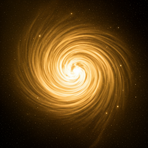 Deep space galaxy with swirling stars and dark matter silhouettes, rich golden and amber tones